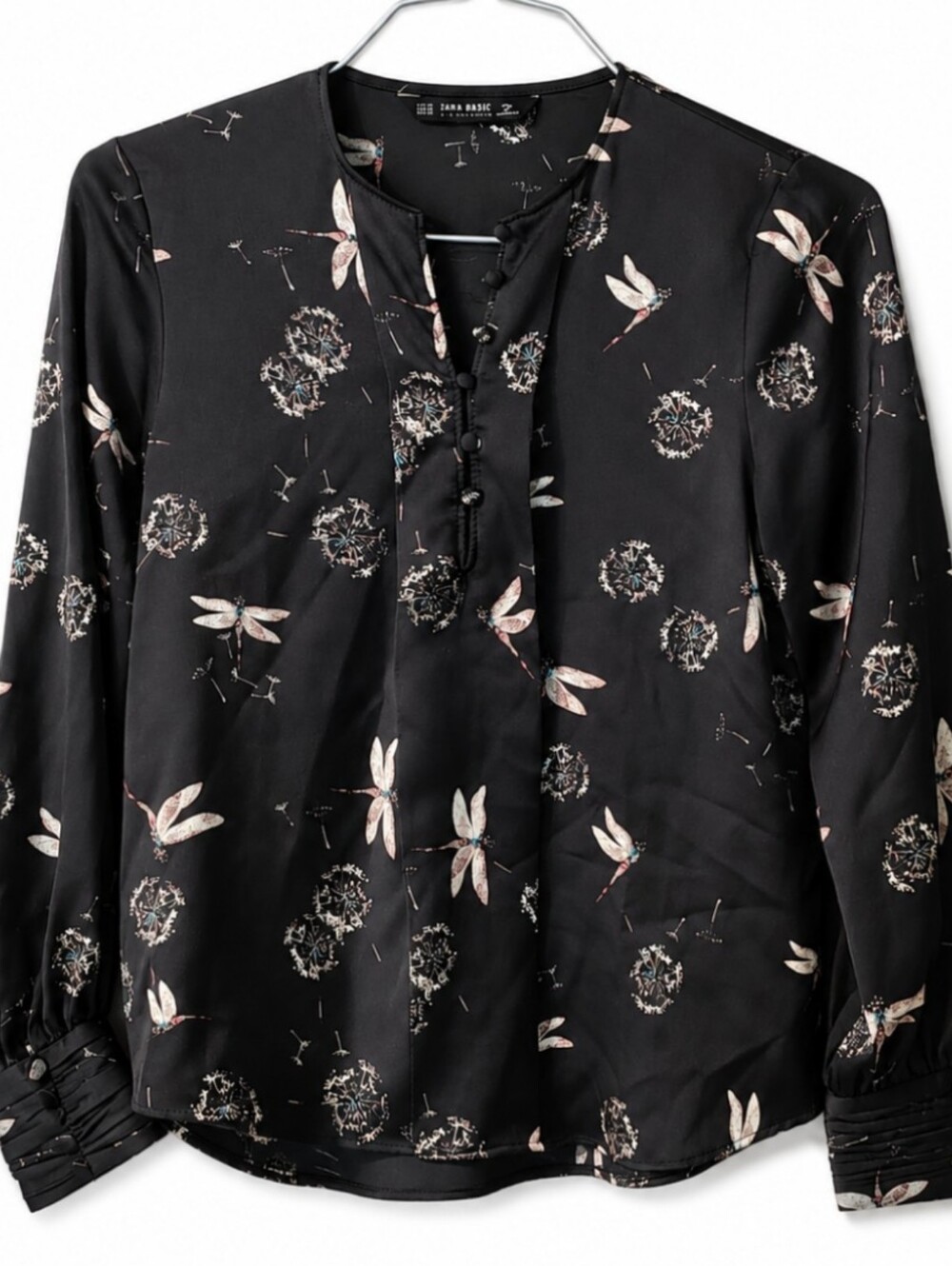 Women's Size XS Black Floral & Dragonfly Print Henley Blouse
